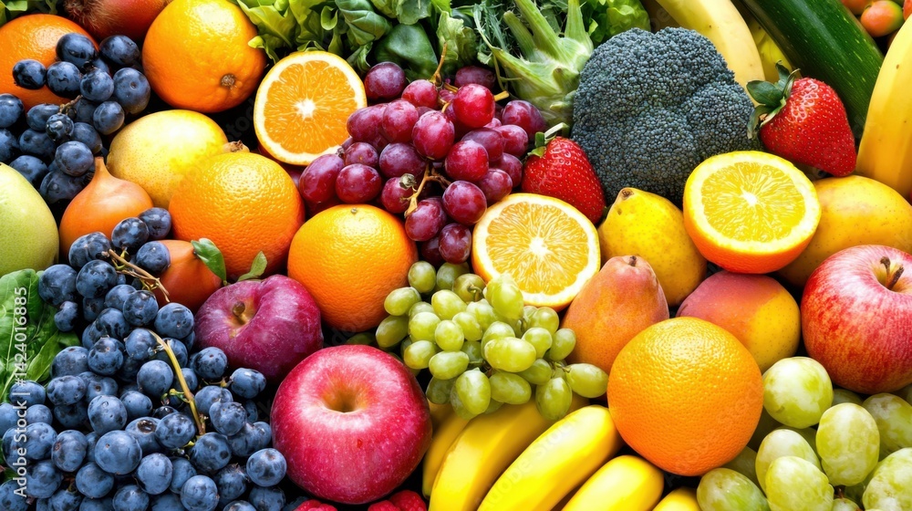 A vibrant assortment of fresh fruits and vegetables displaying healthy and nutritious food A vibrant assortment of fresh fruits and vegetables displaying healthy and nutritious food