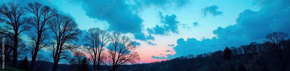 Fototapeta premium Stark silhouettes of bare trees, azure sky overhead , silhouette, image, graphic