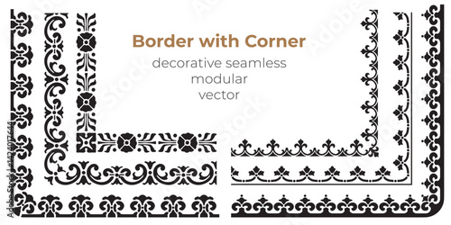 Set of decorative seamless ornamental border with corner - Modular Vector