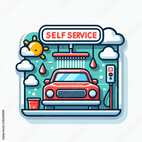 A stylized graphic depicts a cartoon car being washed at a self-service car wash station.