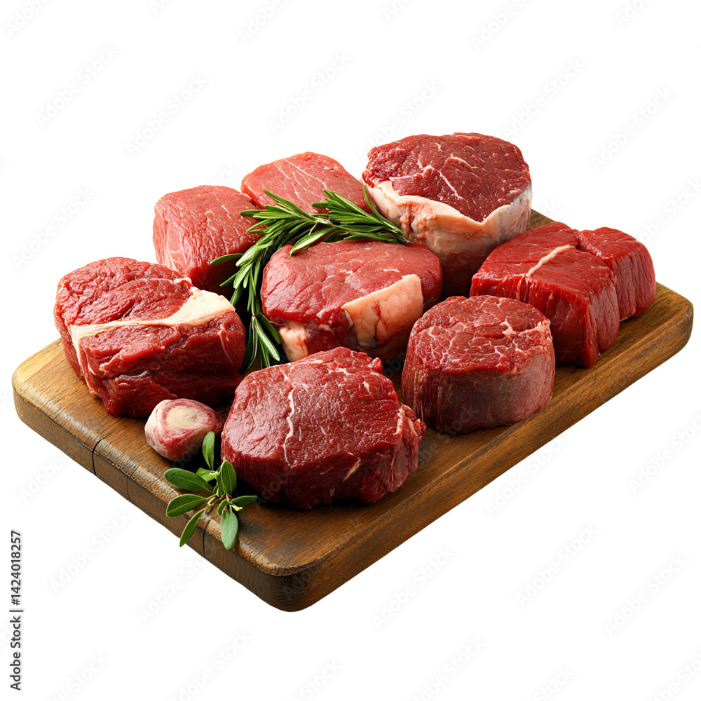 Fototapeta premium Raw meat pieces on cutting board appetizing food photography for culinary use