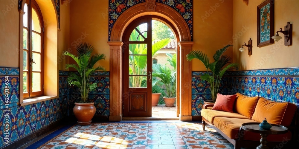 Obraz premium Sunlit Mediterranean-style interior with arched doorway, tiled floor, and plush orange couch