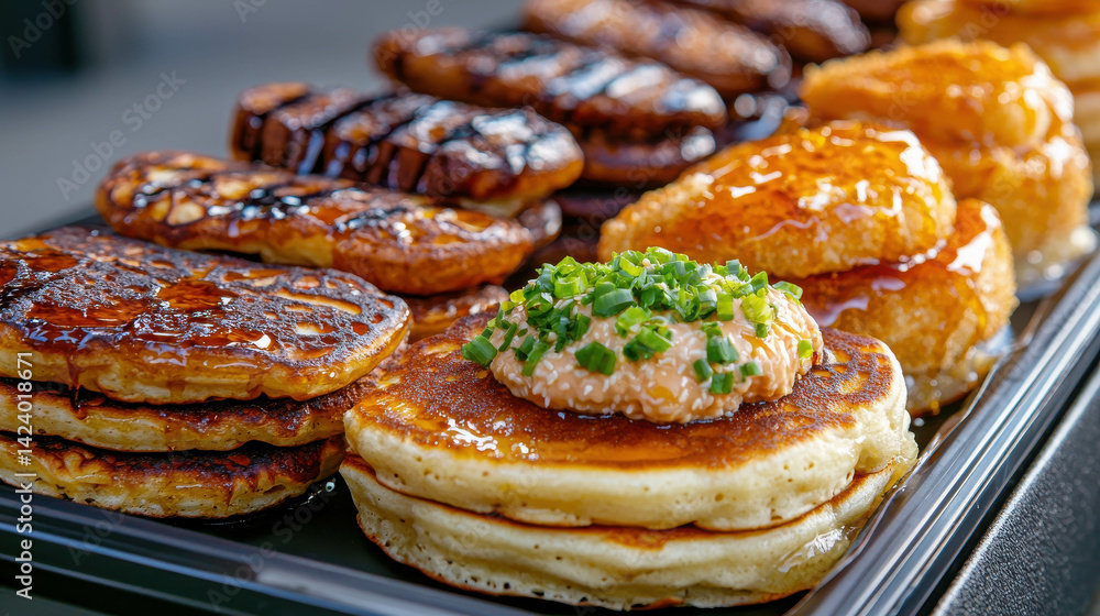 Delicious Golden Pancakes with Syrup and Toppings Served on a Black Plate Delicious Golden Pancakes with Syrup and Toppings Served on a Black Plate