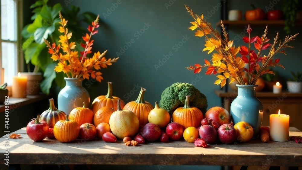Autumnal Harvest Display A Rustic Table Arrangement Featuring Pumpkins, Apples, and Seasonal Branches in Earthy Tones Autumnal Harvest Display A Rustic Table Arrangement Featuring Pumpkins, Apples, and Seasonal Branches in Earthy Tones