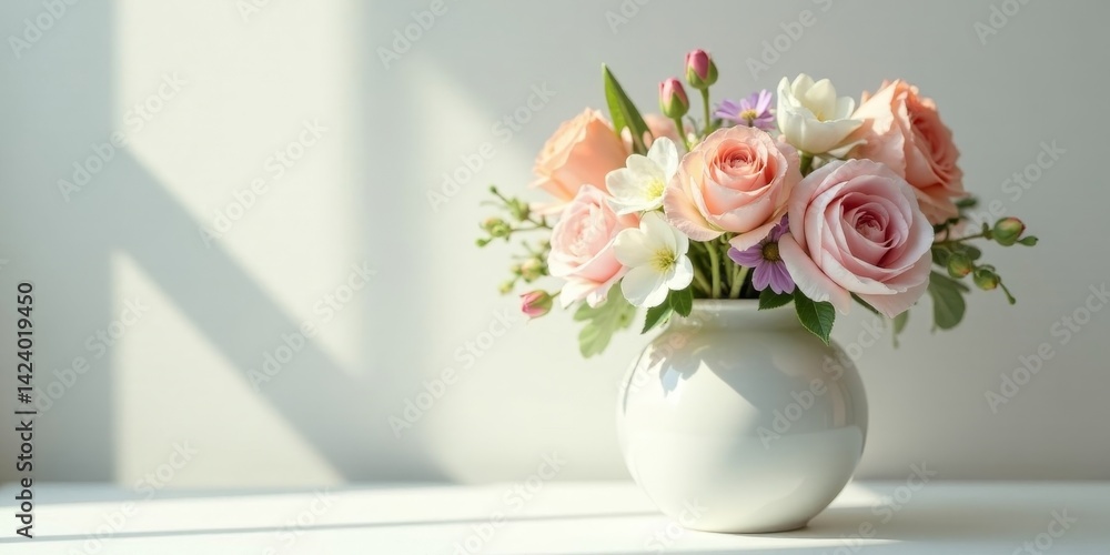 A delicate arrangement of pastel roses and blossoms in a simple white vase, bathed in soft sunlight against a neutral background A delicate arrangement of pastel roses and blossoms in a simple white vase, bathed in soft sunlight against a neutral background