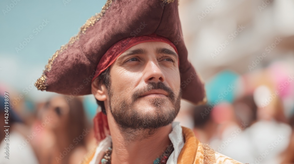 Fototapeta premium man wearing vibrant pirate costume in soft focus standing in lively bustling crowd with people elegantly blurred in