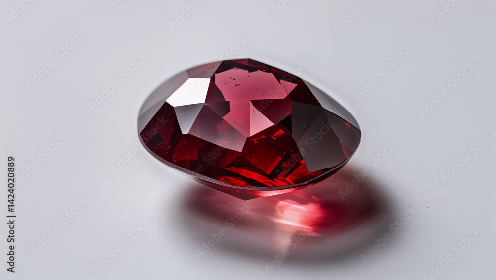 Faceted red garnet gemstone sparkling on a soft white background Faceted red garnet gemstone sparkling on a soft white background