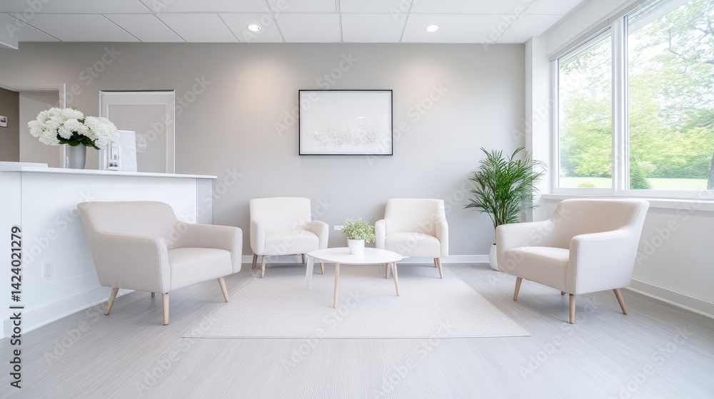 A modern reception area with comfortable seating arrangement, featuring white armchairs and a round coffee table, and bright and airy office interior with large windows and potted plant. A modern reception area with comfortable seating arrangement, featuring white armchairs and a round coffee table, and bright and airy office interior with large windows and potted plant.