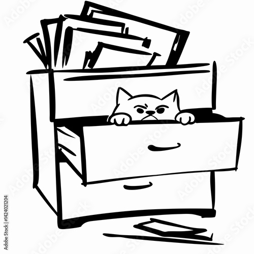 Cat peeking out angrily from a cluttered drawer  