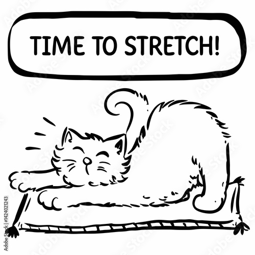 Cute cat stretching happily on a mat with a playful message  
