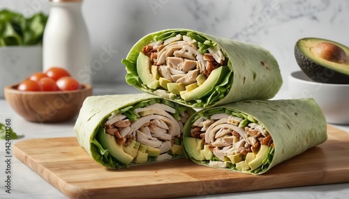 Fresh and Healthy Wraps with Chicken and Avocado on Wooden Board