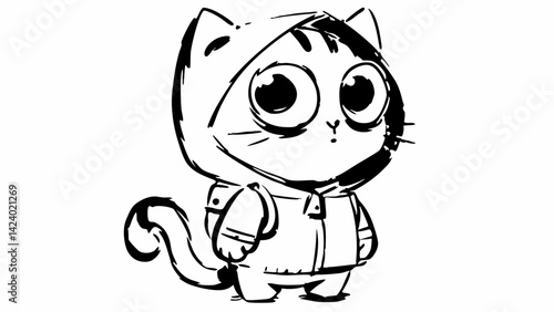 Cute cartoon cat wearing a hoodie standing with big eyes  