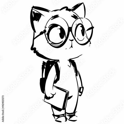 Cute cat character wearing glasses with a backpack and a book  