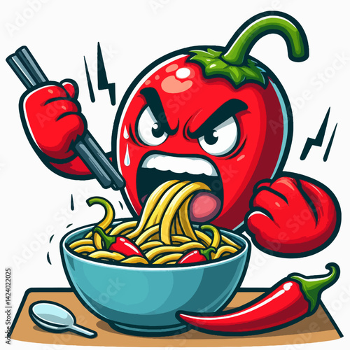 A cartoon chili pepper character is depicted with a fierce expression, aggressively eating noodles from a bowl.