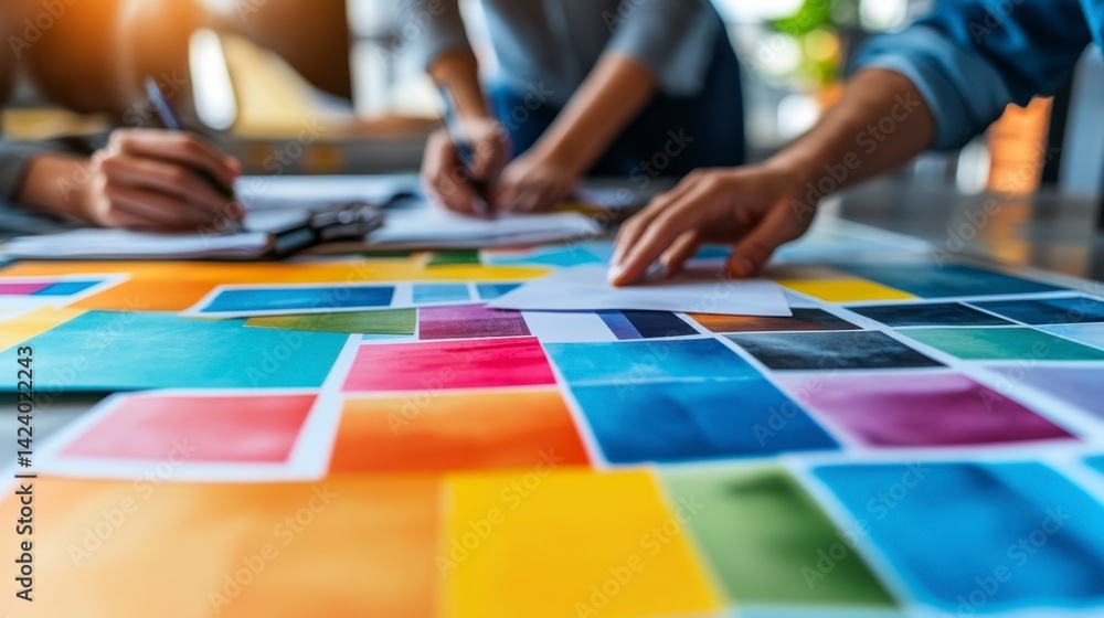 Fototapeta premium Close up of hands reviewing colorful design samples on a table, selective focus.