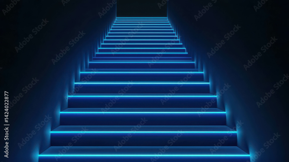 Neon Staircase with Glowing Strips in Dark Environment for Modern Interior Design Neon Staircase with Glowing Strips in Dark Environment for Modern Interior Design