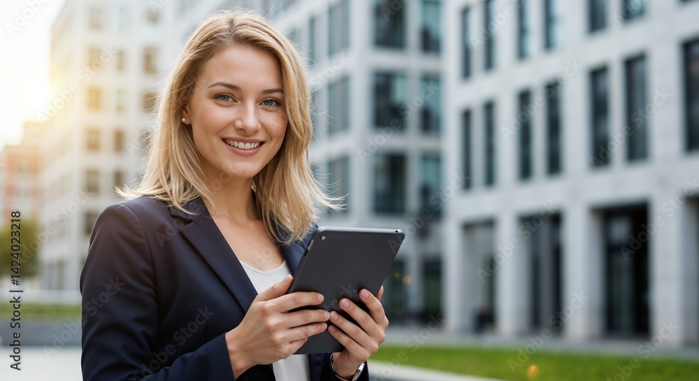 A woman in professional attire holds a tablet and smiles at the camera, standing in front of a modern office building.
A woman in professional attire holds a tablet and smiles at the camera, standing in front of a modern office building.