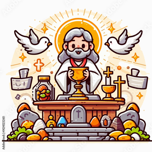 A stylized cartoon depiction of Jesus Christ at the Last Supper, with doves and religious symbols.