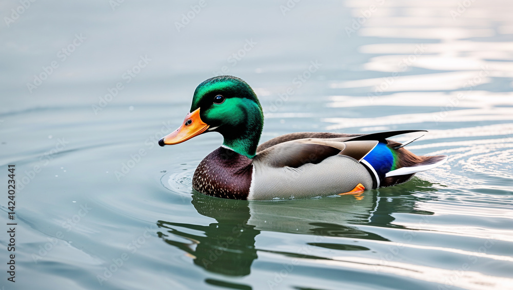 Obraz premium Mallard duck swimming calmly in water reflection of light and sky