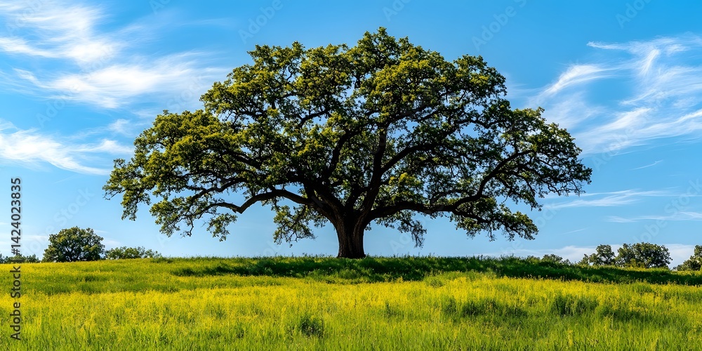 Fototapeta premium Single large oak tree against a backdrop of blue sky and green grass.