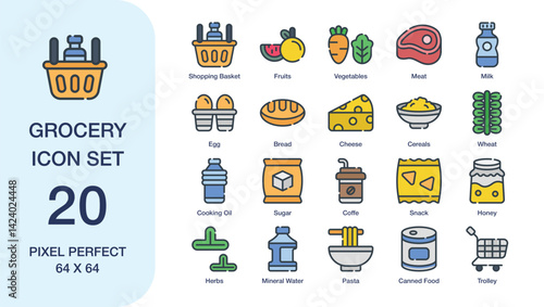 Grocery icon set of 20 items suitable for online food ordering platforms, grocery store websites, and recipe blogs