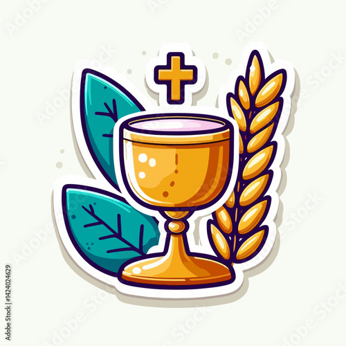 A stylized image of a golden chalice, wheat, and a cross, likely a religious graphic.