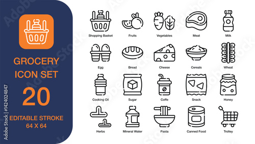 Grocery icon set of 20 items suitable for online food ordering platforms, grocery store websites, and recipe blogs.