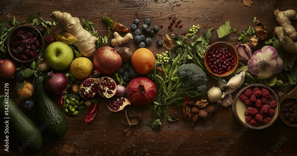 A Vibrant and Colorful Assortment of Fresh Fruits and Seasonal Vegetables on Rustic Wooden Table