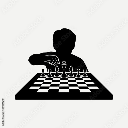 Silhouette: Man Strategically Moving Chess Piece on Board