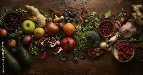 Obraz na płótnie A Vibrant and Colorful Assortment of Fresh Fruits and Seasonal Vegetables on Rustic Wooden Table w salonie