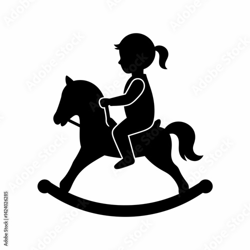 Silhouette of Girl Riding Rocking Horse Toy - Childhood, Playtime Icon
