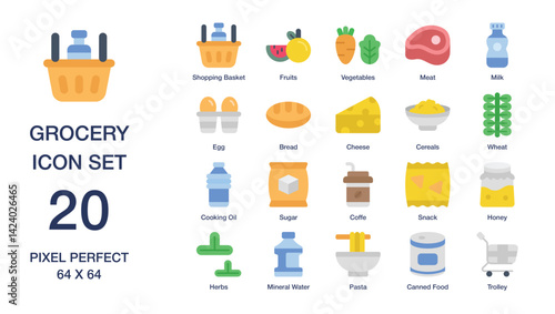 Grocery icon set of 20 items suitable for online food ordering platforms, grocery store websites, and recipe blogs