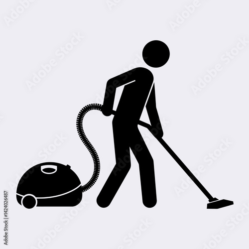 Vacuuming Person Icon: Cleaning Pictogram in Black Silhouette