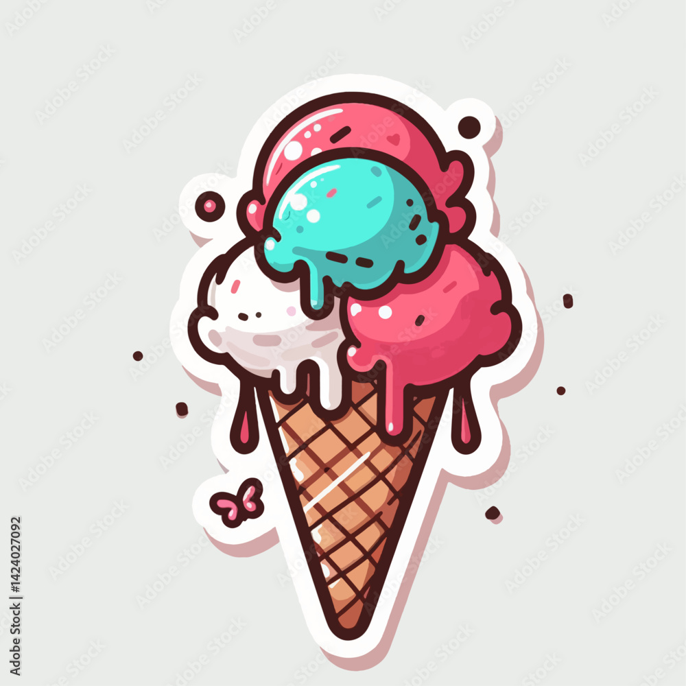 A cartoon illustration of a three-scoop ice cream cone with melted drips, showcasing vibrant colors. A cartoon illustration of a three-scoop ice cream cone with melted drips, showcasing vibrant colors.