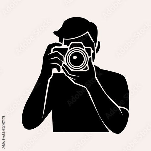 Photographer Silhouette Taking Photo with Camera Vector Illustration