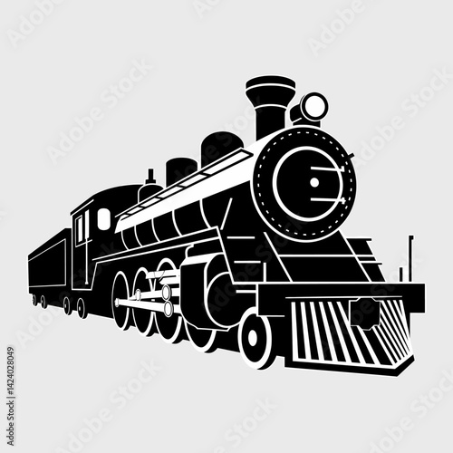 Vintage Locomotive Vector: Steam Train Engine Black and White Silhouette