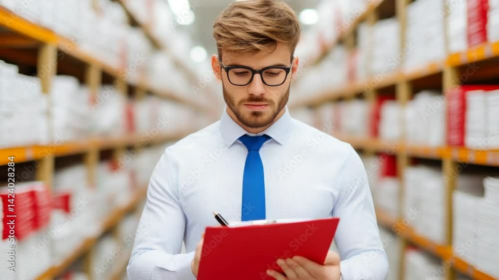 Professional Man with Glasses Reviewing Document in Modern Warehouse Environment Filled with Organized Files Professional Man with Glasses Reviewing Document in Modern Warehouse Environment Filled with Organized Files