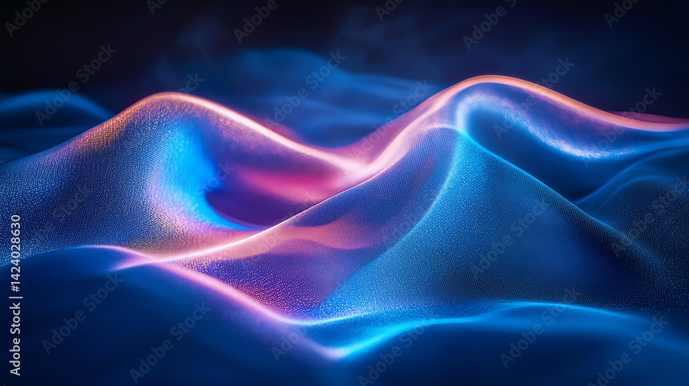 Obraz premium Ethereal cold-colored light art projected onto smooth fabric, blending streaking waves & particle simulations in a shallow depth of field. A mesmerizing, futuristic visual experience