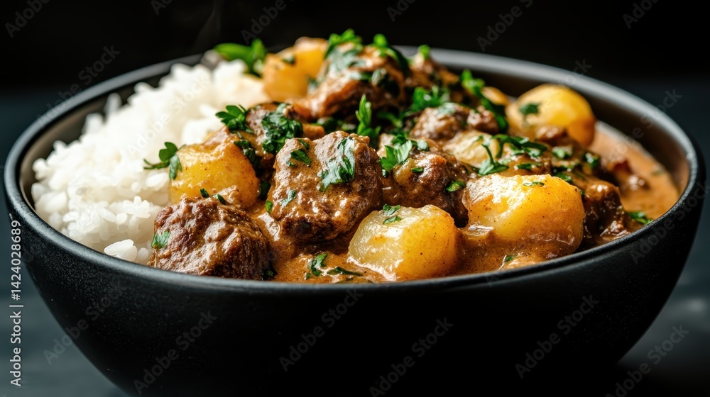 A rich and hearty beef stew served in a black bowl with fluffy rice, featuring tender beef pieces, diced potatoes, and vibrant green herbs for a delightful presentation. A rich and hearty beef stew served in a black bowl with fluffy rice, featuring tender beef pieces, diced potatoes, and vibrant green herbs for a delightful presentation.