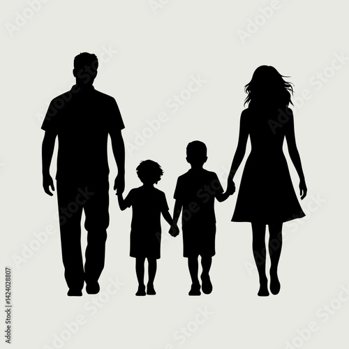 Silhouette of a Family Walking Together: Mother, Father, and Two Sons