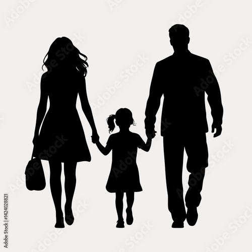 Happy Family Walking Silhouette: Mother, Father, and Daughter Together