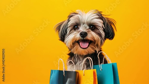 A happy dog with fluffy fur and bright eyes, surrounded by colorful shopping bags, placed against a vibrant yellow background.