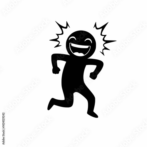 A black stick figure running joyfully with arms bent and fists clenched, a wide, crescent smile, and radiating lines on a white background. global day of laughter

