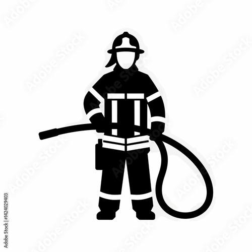 Firefighter Icon with Hose, Black Silhouette, Vector Illustration