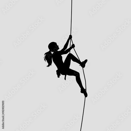 Silhouette of a Young Woman Ascending a Climbing Rope