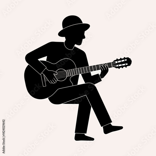 Acoustic Guitarist Silhouette: Performer in Hat Playing Guitar