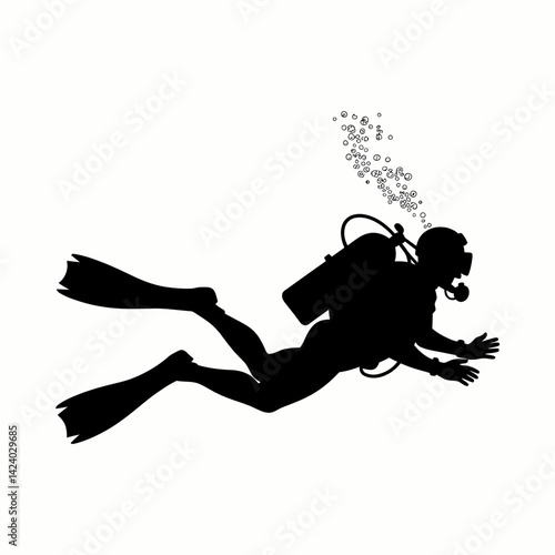 Scuba Diver Silhouette with Bubbles Underwater Illustration