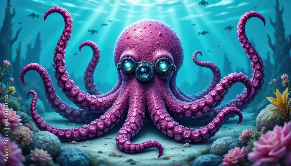 Fototapeta premium Underwater octopus with glasses
