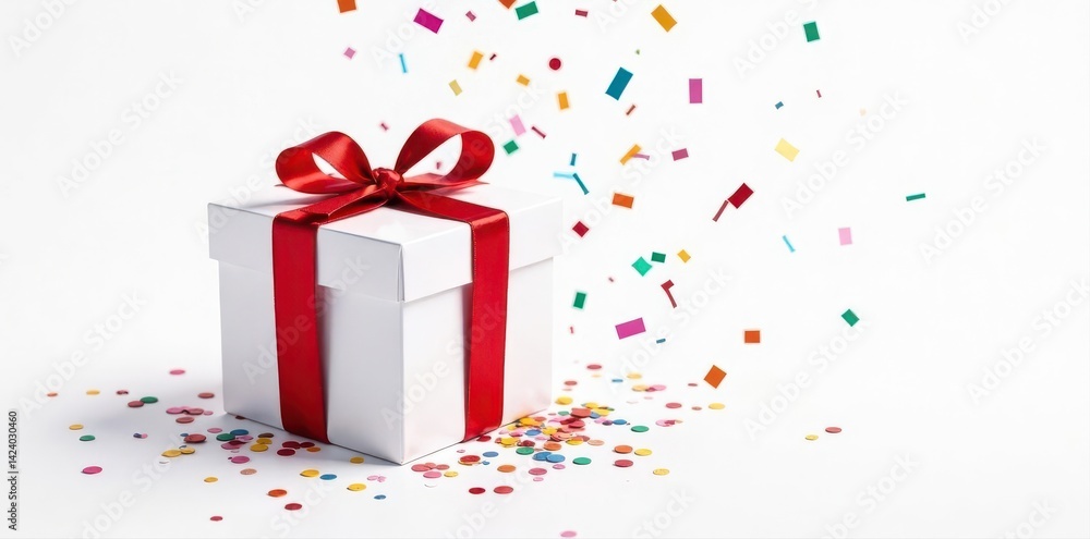 Exploded white gift box, red ribbon, colorful confetti Isolated on white background , decoration, exploded, surprise Exploded white gift box, red ribbon, colorful confetti Isolated on white background , decoration, exploded, surprise
