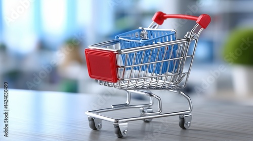 Wallpaper Mural Online order concept, Small cart containing basket, blurred modern interior backdrop Torontodigital.ca